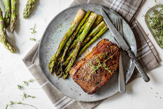 Plate of New York Strip Steak with asparagus.