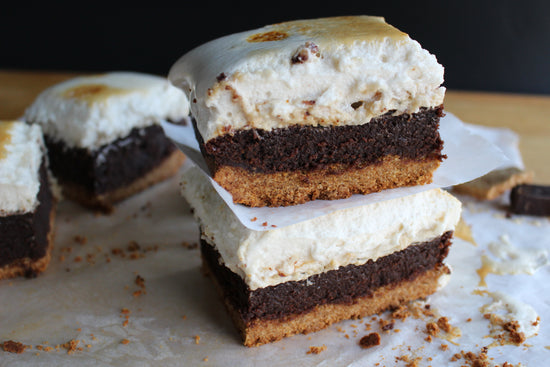 Slices of 3 layered smores brownies