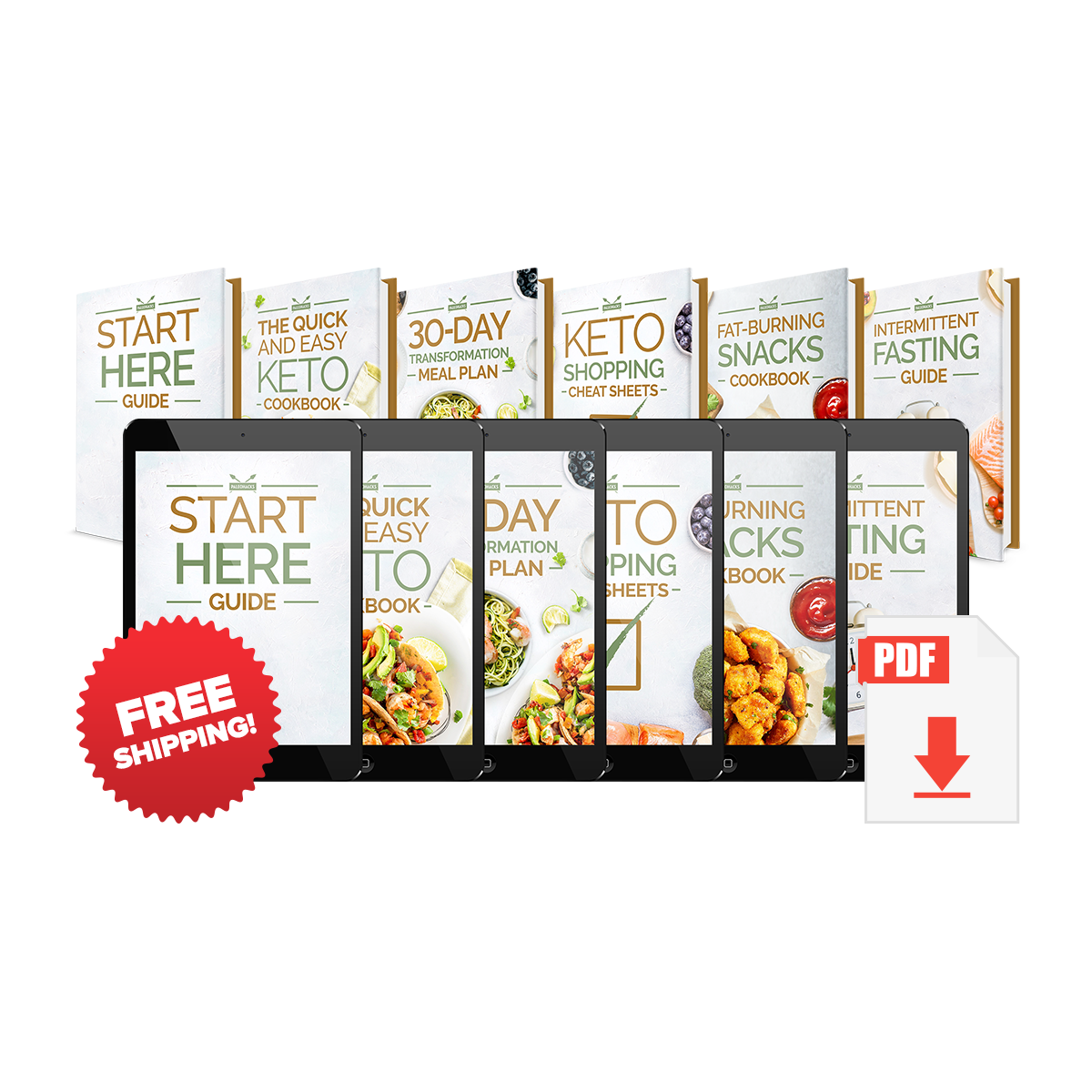 A collection of Keto fat loss Accelerator books. Free shipping badge and PDF signage can be seen.