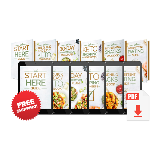 A collection of Keto fat loss Accelerator books. Free shipping badge and PDF signage can be seen.